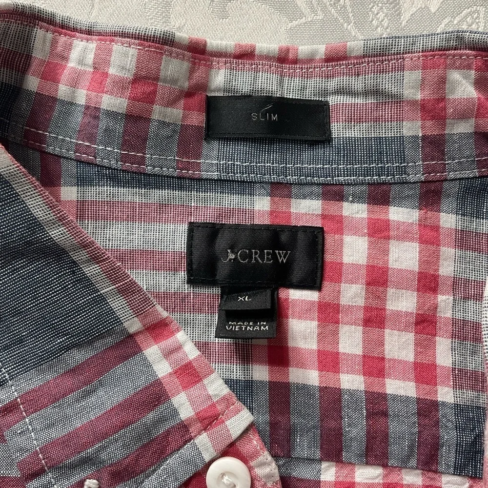 J. Crew linen Red and Blue Plaid Casual Button Down Shirt men size XL